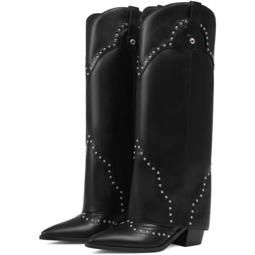 Women's Black Cowgirl Boots Knee High Tall Wester Slouch Pointed Toe Pull on